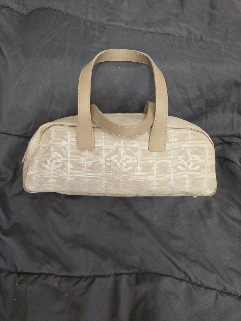 AUTHENTIC CHANEL Beige Top-Handle Satchel with Signature Monogram